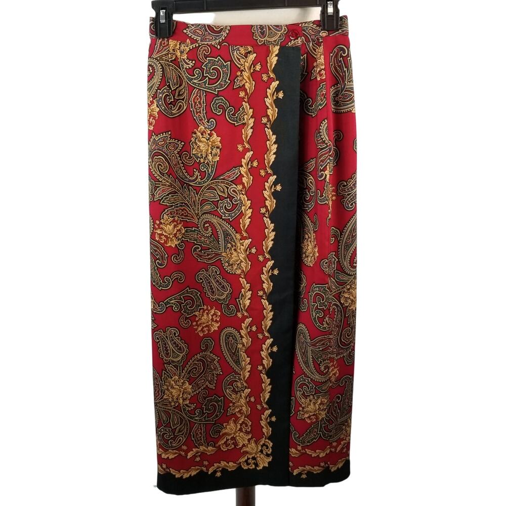 Talbots Red Paisley Maxi Skirt with Black & Gold Accents